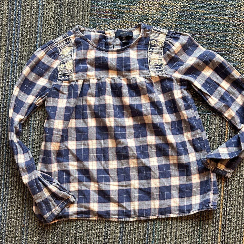 GAP Kids Cozy Blue Plaid Flannel Top with Embroidered Details